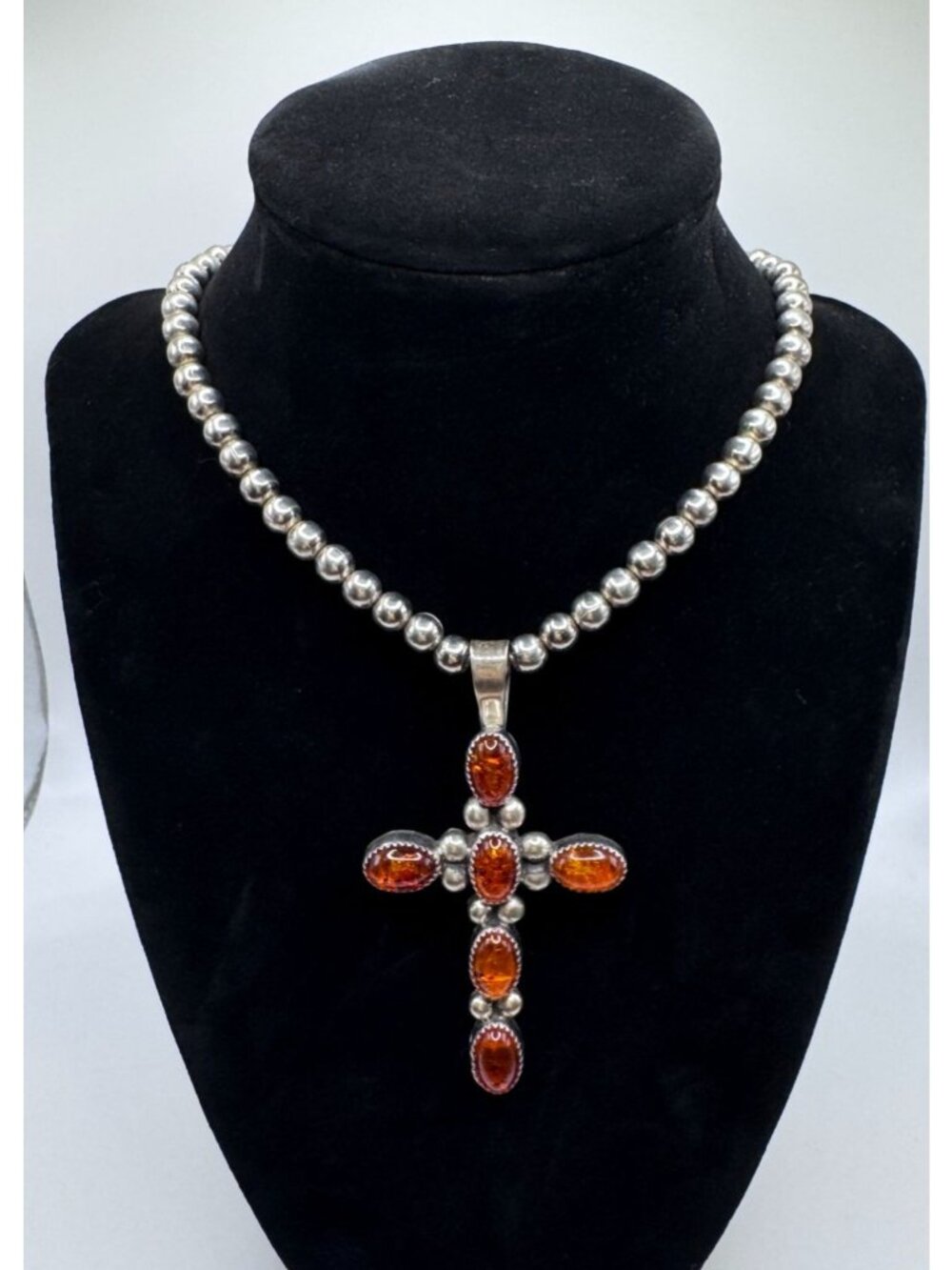 Navajo Dorothy Secatero Sterling Silver Amber Cross Pendant Necklace 1997 Cert